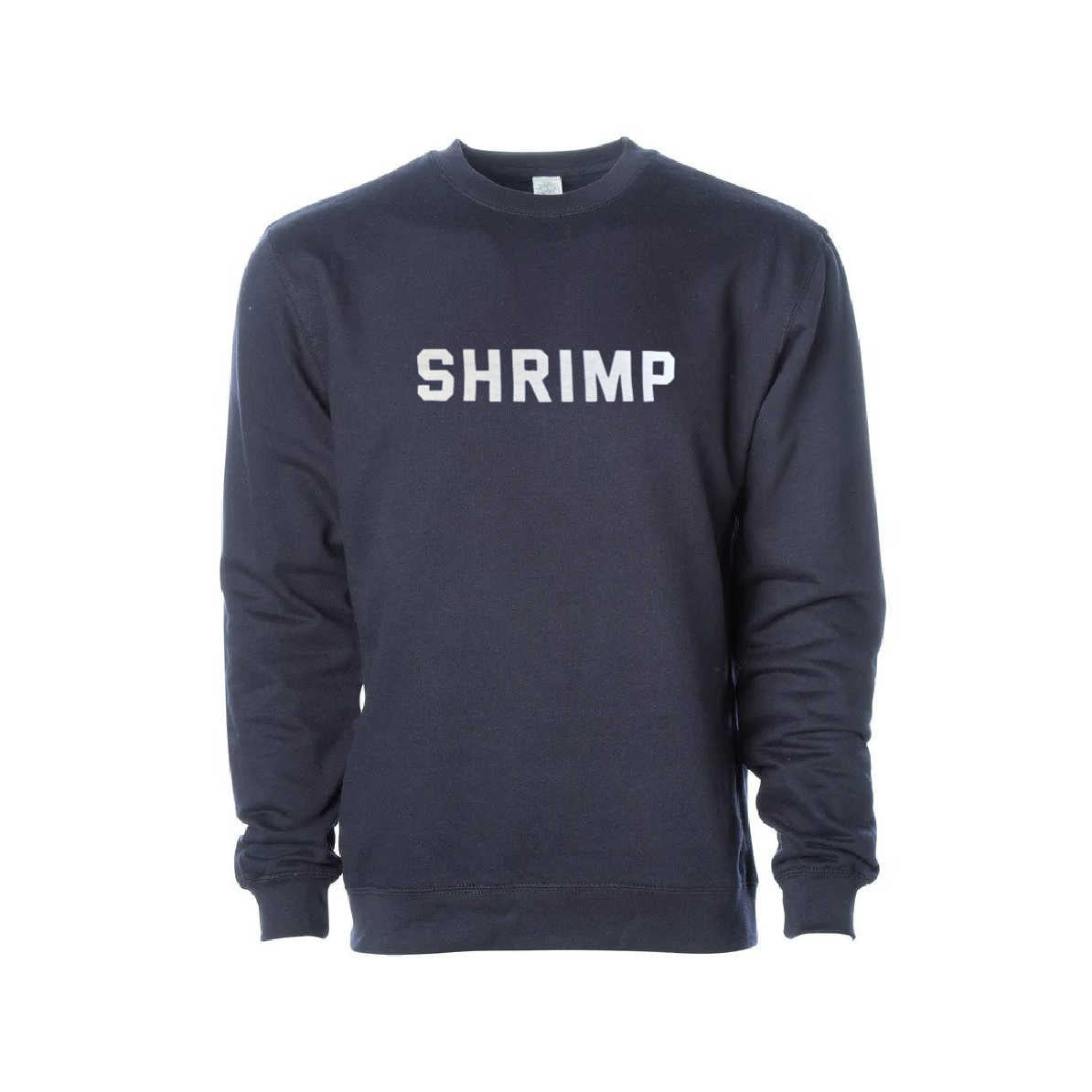 Navy blue crewneck sweatshirt with the word 'SHRIMP' printed in white on the chest.