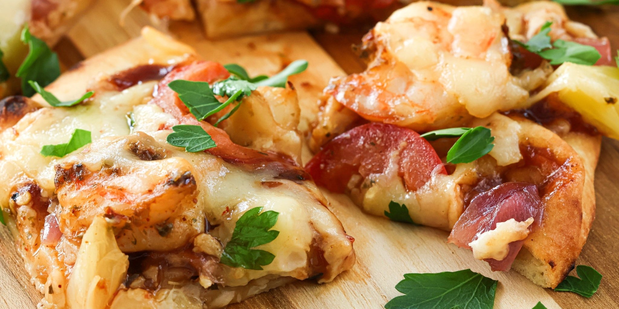 Photo of BBQ Shrimp pizza topped with cilantro