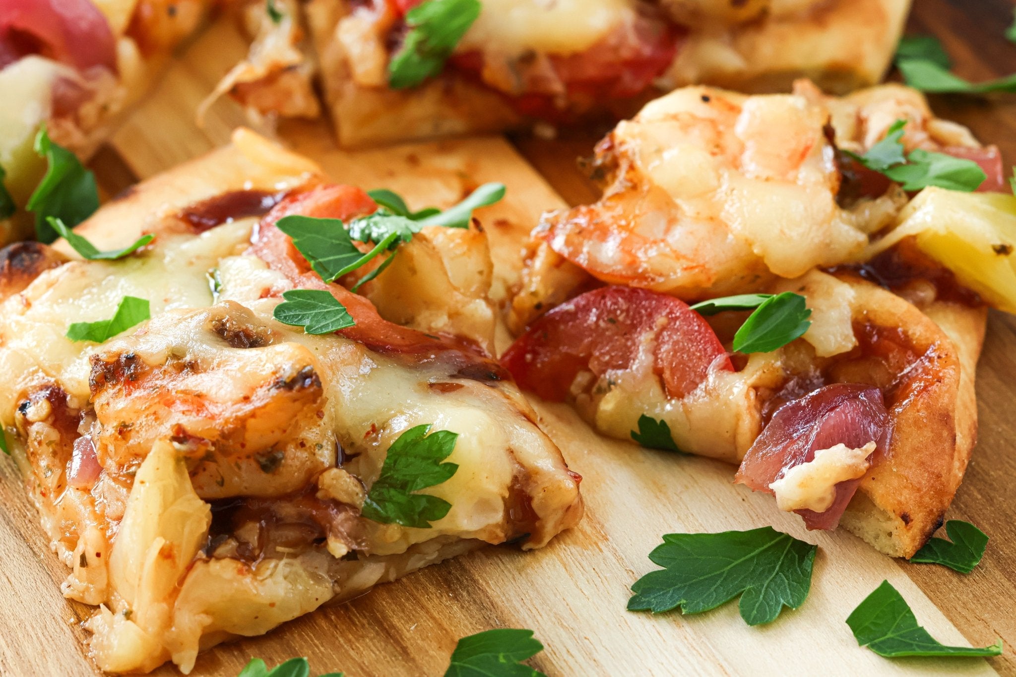 Photo of BBQ Shrimp pizza topped with cilantro