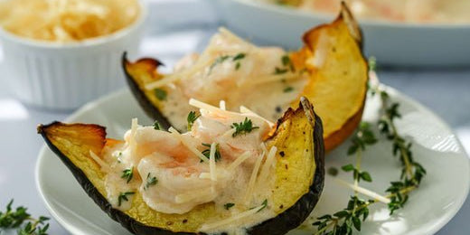 Alfredo Shrimp Over Roasted Acorn Squash