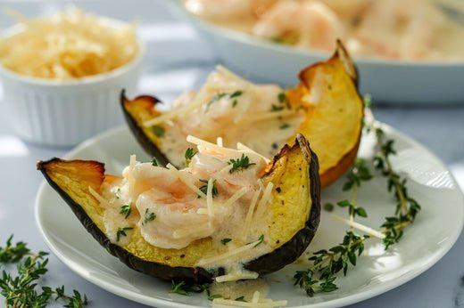 Alfredo Shrimp Over Roasted Acorn Squash