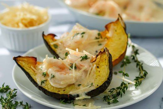 Alfredo Shrimp Over Roasted Acorn Squash