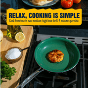 Cooking scene with a green pan on a stove, text overlay about cooking instructions.