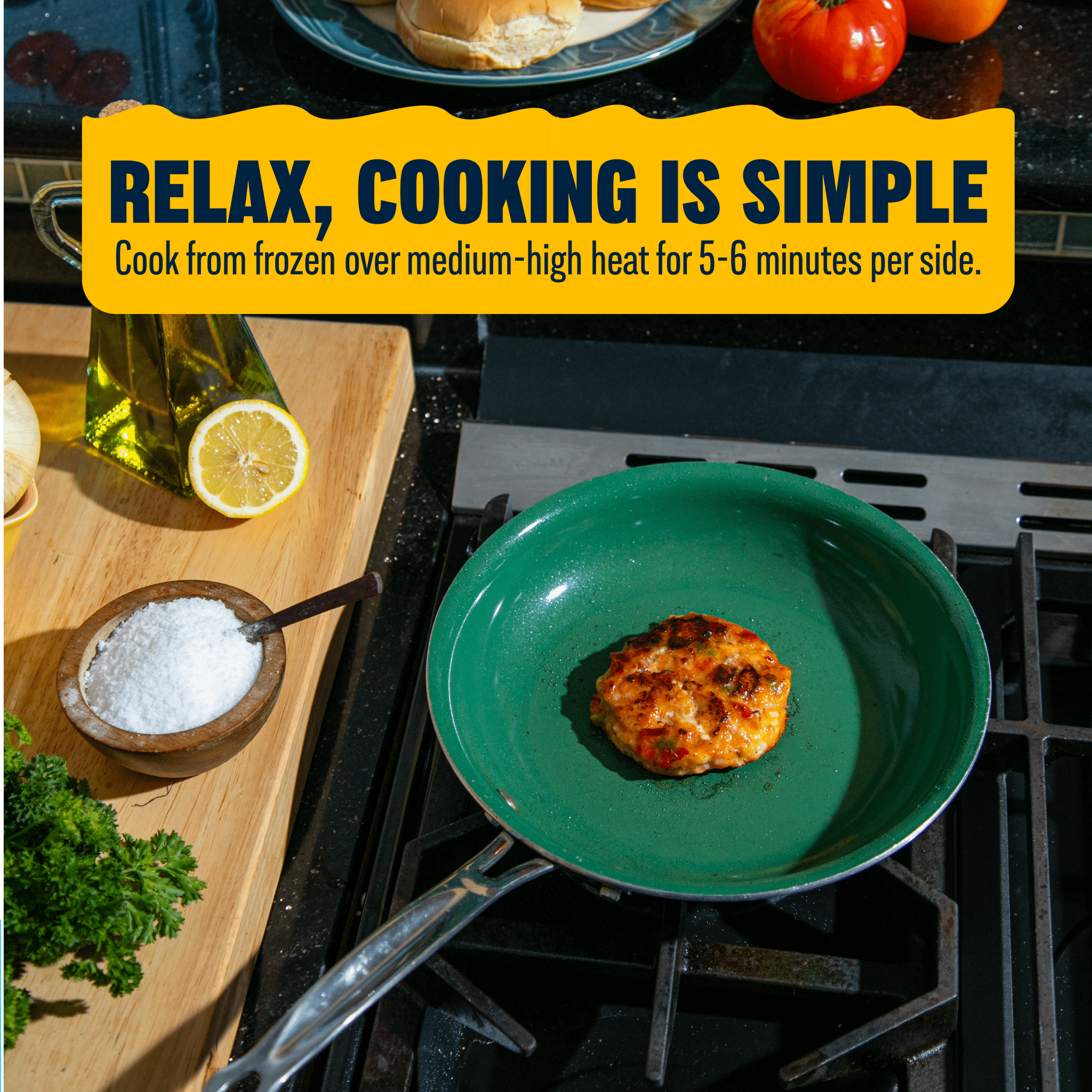 Cooking scene with a green pan on a stove, text overlay about cooking instructions.